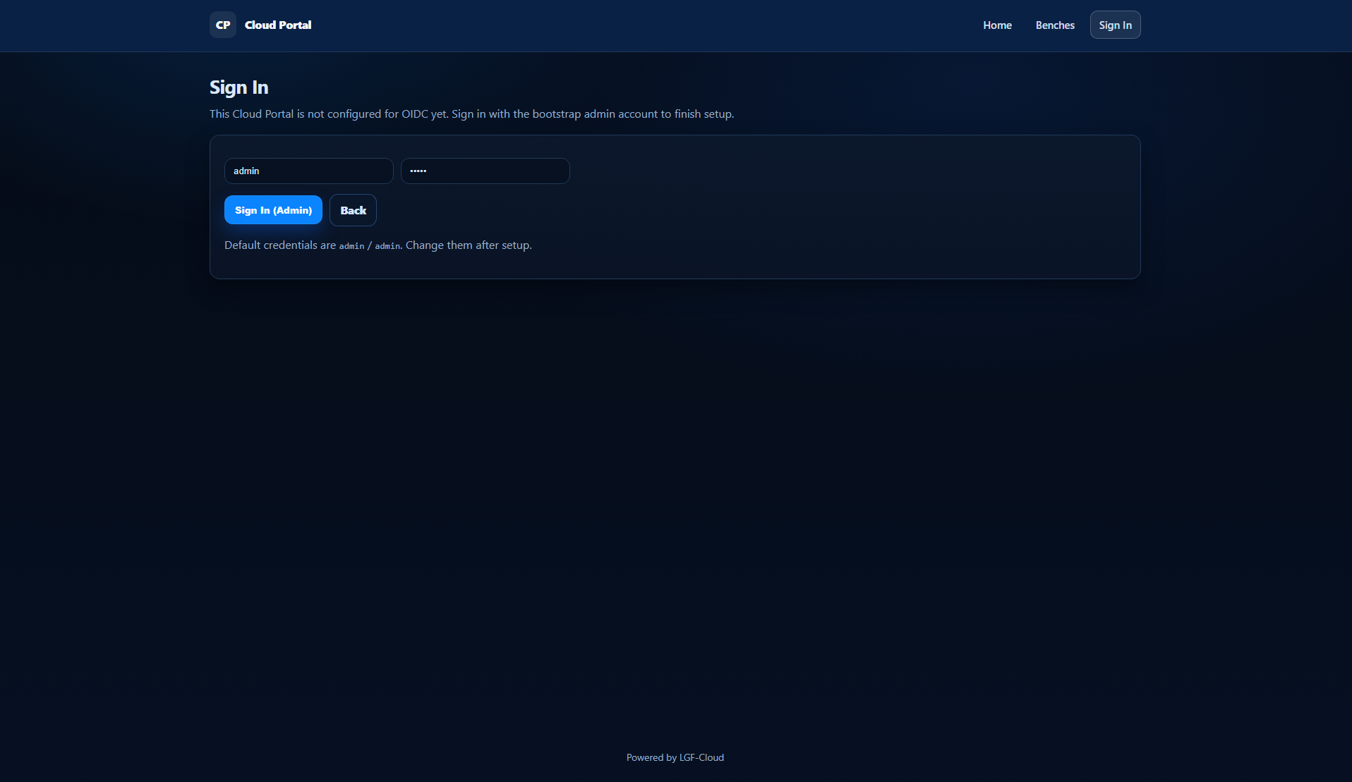 Cloud Portal Dashboard After Initial Login